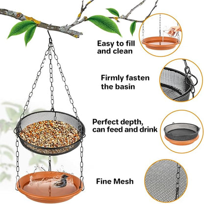 RAINFLOW Hanging Bird Bath for Outdoors - Hanging Bird Feeder for Outside, Platform Bird Water Feeder Bath Tray Wildlife Feeder,Tray for Outdoors Garden Backyard Attracting Wildbirds，2 in 1 Set