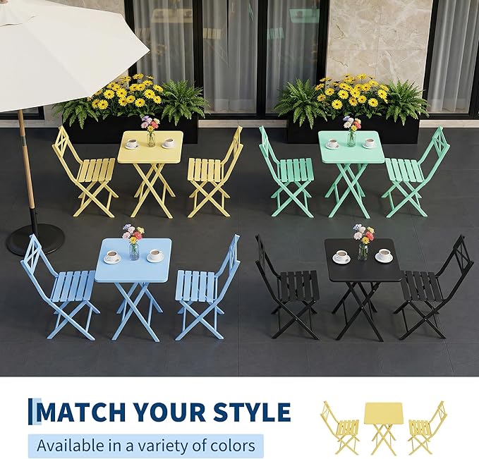 Outdoor Square Bistro Set 3 Piece, Yellow Iron Tube Patio Furniture Set with Square Table & 2 Chairs, Foldable Steel Backyard Deck Porch Garden , Space Saving Outdoor Dining Set for Small Spaces