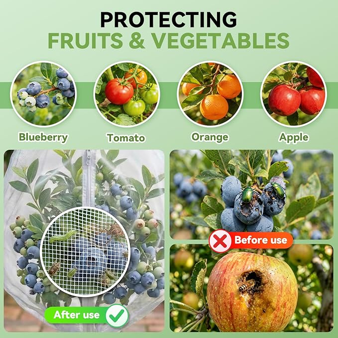 4 Pack Bird Netting for Garden Protection with Zipper & Drawstring - Garden Netting Pest Barrier 4.9x4FT,Cover for Blueberry Bushes Tomato Fruit Tree and Plants Protection from Insect Mosquito Birds