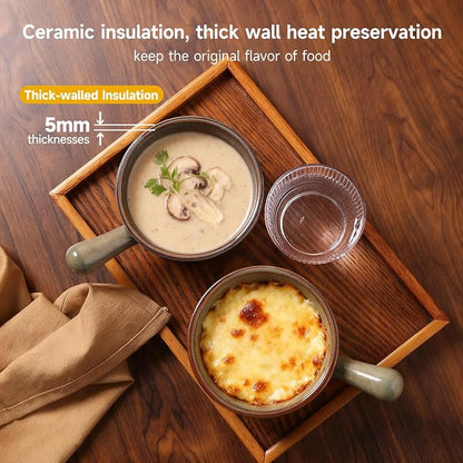 MONITO 16 Oz French Onion Soup Bowls, Ceramic Soup Bowls with Handles, Stackable Soup Crocks Oven Safe for Chili, Beef Stew, Cereal,Casseroles Microwave & Dishwasher Safe, Set of 4, Brown Green