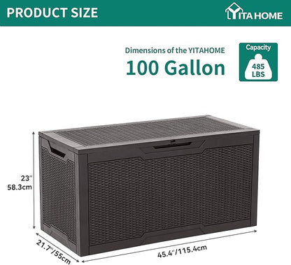 YITAHOME 100 Gallon Large Resin Deck Box Outdoor Storage Boxes for Patio Furniture, Outdoor Cushions, Garden Tools and Pool Supplies-Waterproof,Lockable (Dark Brown)