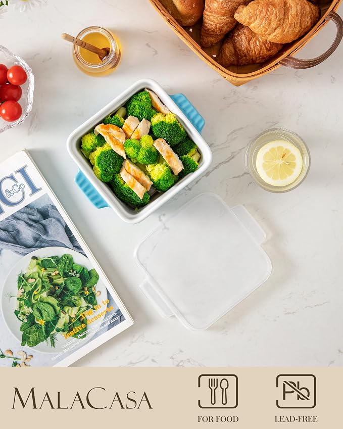 MALACASA Baking Dishes for Oven, Small Ceramic Baking Dishes with Silicone Lids for Individual Portions 5.5" x 5.5" Square Casserole Dishes Set of 2 Oven Microwave, and Air Fryer Safe, Blue