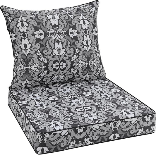 Favoyard Outdoor Seat Cushion 22 x 22 x 3 in Waterproof Pattern Fade Resistant Cover Removable Patio Furniture Cushions Deep Seat & Back Cushion Set with Adjustable Straps for Patio Chair Sofa Couch