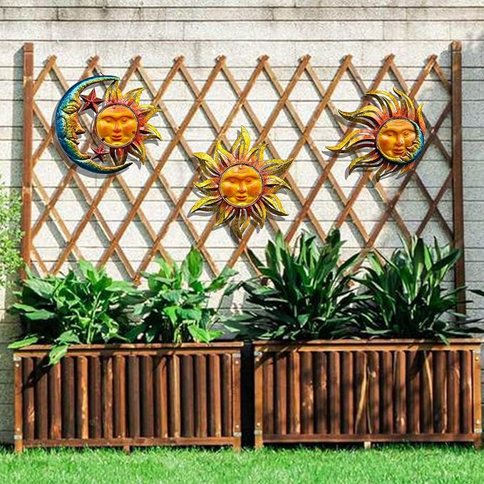 Sun Face Metal Wall Art Décor Outdoor Indoor, Sun Moon Star, Metal Glass Hanging for Garden Sun Face Sculptures & Statues Statues Wall Art for Farmhouse, Patio, Garden Decoration(3 Pack)