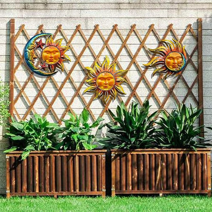 Sun Face Metal Wall Art Décor Outdoor Indoor, Sun Moon Star, Metal Glass Hanging for Garden Sun Face Sculptures & Statues Statues Wall Art for Farmhouse, Patio, Garden Decoration(3 Pack)
