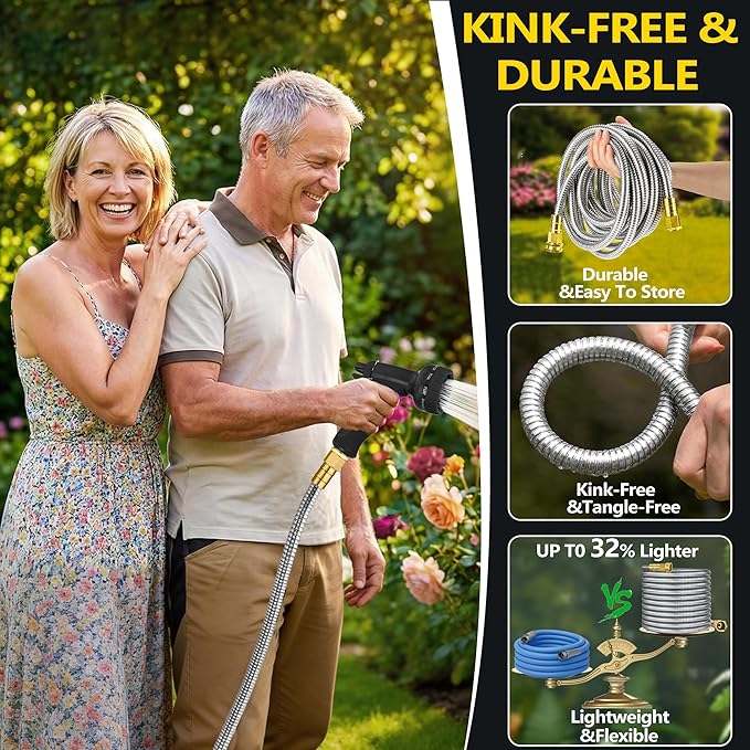 50 ft Stainless Steel Garden Hose - 2026 New Technology Metal Water Garden Hoses with 3/4" Solid Fitting - Lightweight,Ultra Flexible,Durable,Kink-Less Watering Pipes Garden Hoses For Yard, Outdoor