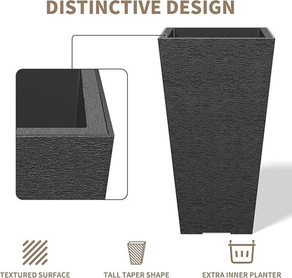 Kante 22 Inch Tall Planter Set of 2, Large Taper Planter for Outdoor Indoor Garden Patio Front Door (Black)