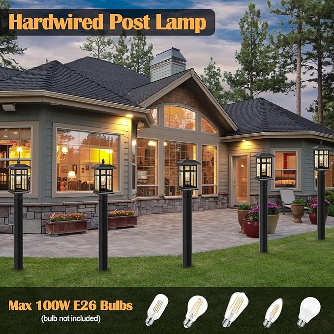 2 Packs Outdoor Post Light, Black Pole Lantern Lighting Fixture with Pier Mount Base, Exterior Lamp Post Lantern with Glass for Garden Yard Patio Path