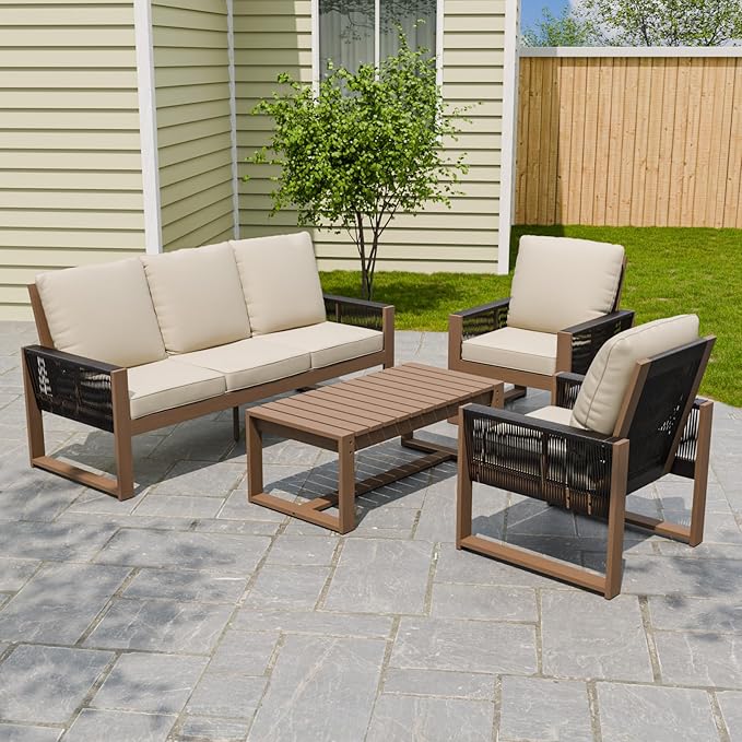 Rustic Hideaway Natural Cedar Wood Outdoor Furniture Set, Wicker Patio Conversation Set for Porch Garden Backyard, Couch, 2 Patio Chairs and Coffee Table, 4 Piece, Brownish/Beige