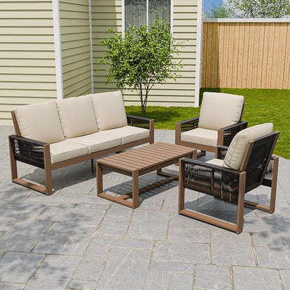 Rustic Hideaway Natural Cedar Wood Outdoor Furniture Set, Wicker Patio Conversation Set for Porch Garden Backyard, Couch, 2 Patio Chairs and Coffee Table, 4 Piece, Brownish/Beige