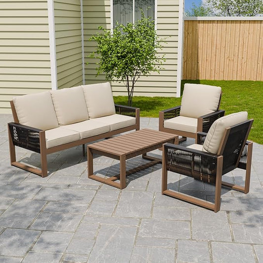 Rustic Hideaway Natural Cedar Wood Outdoor Furniture Set, Wicker Patio Conversation Set for Porch Garden Backyard, Couch, 2 Patio Chairs and Coffee Table, 4 Piece, Brownish/Beige
