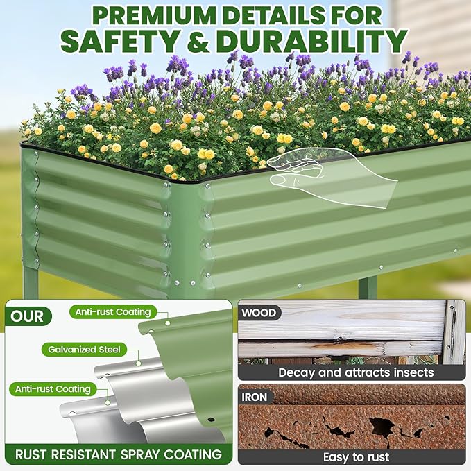Elevated Raised Garden Bed 2' x 4'- Galvanized Metal Planter Boxes with Legs & Storage Rack, Outdoor Planters for Backyard/Patio/Balcony, with Drainage Holes for Vegetables, Flowers, Herbs, Green