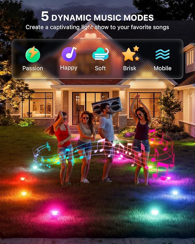 REYLAX 50FT Outdoor Ground Lights 15 Pack, RGB Garden Lights with Warm White and Cool White, IP67 Waterproof Pathway Light, Music Sync Timing, App & Remote Control, Works with Alexa Google Assistant