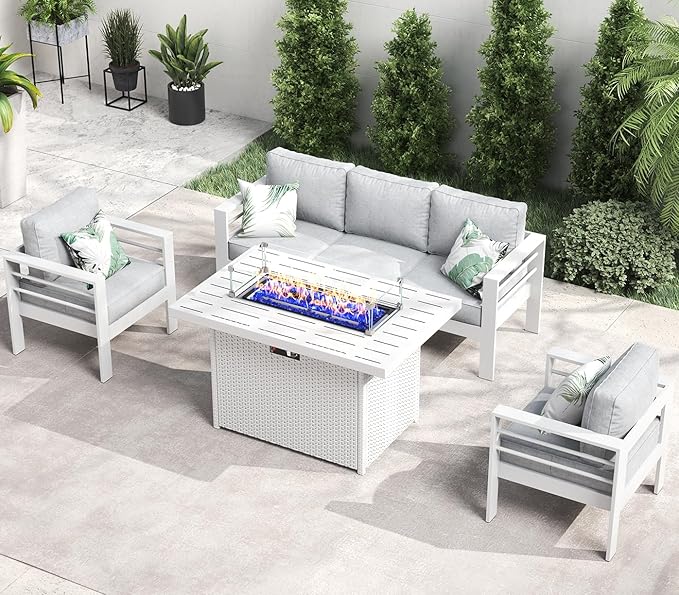 LayinSun Aluminum Furniture Set with Fire Pit Table, 4 Pieces Patio Sectional Conversation Chat Sofa Modern Seating Set