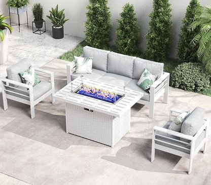LayinSun Aluminum Furniture Set with Fire Pit Table, 4 Pieces Patio Sectional Conversation Chat Sofa Modern Seating Set