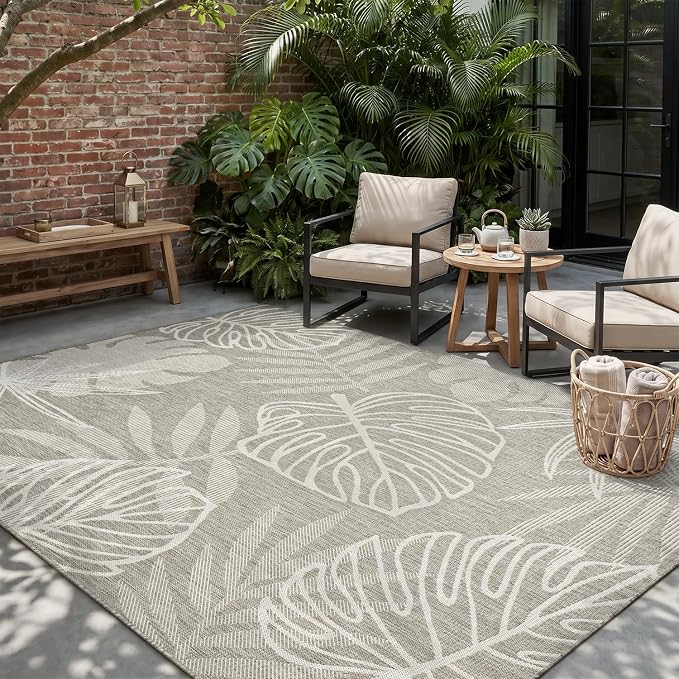 MontVoo-Outdoor Rug-Patio Rug 5x7 ft Polypropylene Indoor Outdoor Rugs Outdoor Carpet for Patio Deck Balcony Porch, Textured Weave, Durable for High Traffic, Fade-Resistant, Tropical Silver Grey