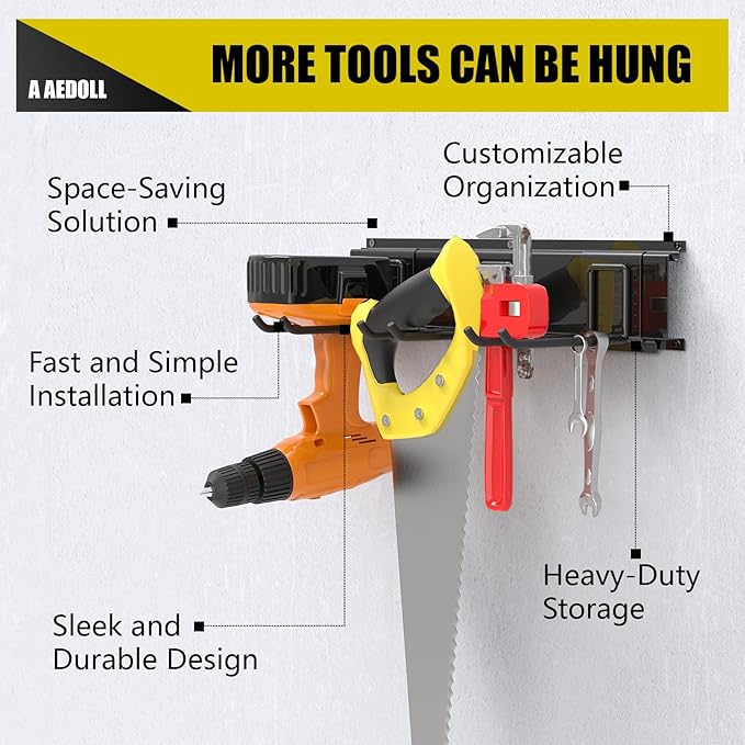 33" Garage Tool Organizer Wall Mount, 300lbs Tool Storage Organizer with Adjustable Sliding Hooks, Heavy Duty & Anti-Rust Garden Tools Storage Rack for Hanging Rake Broom/Mower/Snowboard