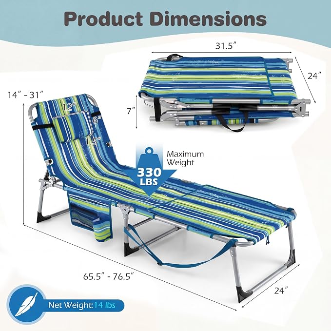 Giantex Set of 2 Tanning Chair with 5 Adjustable Position, Face & Arm Hole, Hand/Shoulder Strap, Removable Pillow, Side Pocket, Load 330 Lbs, Outdoor Lounge Chair for Sunbathing, Beach, Stripe