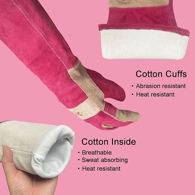 Gardening Gloves for Women, Long Thorn Proof Garden Gloves for Yard Work, Heat Resistant Leather Gloves for Welding, BBQ, Cooking, Fireplace, Chainsaw, Utility, Durable, Rose Red, M