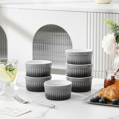 MALACASA Ramekins 4 oz Oven Safe, Small Ceramic Souffle Dishes for Creme Brulee Souffle, Stoneware Custard Cups Ramiken for Baking, Baking Bowls Dipping Sauce Dish Set of 6, Grey, Series RAMEKIN-DISH