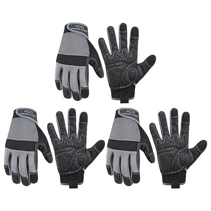 HANDLANDY Working Gloves for Men & Women, Safety Work Gloves with Grip for Warehouse Construction Garden Yard Outside (Grey-Grip, Small (Pack of 3))