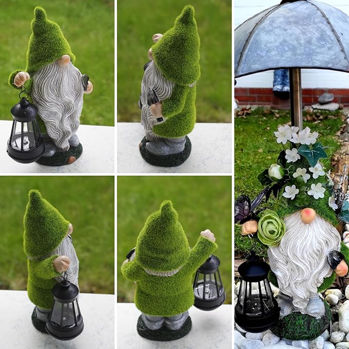 TERESA'S COLLECTIONS Christmas Outdoor Statue for Home, Resin Gnome Decorations with Solar Outdoor Lights for Garden Decor,Green Garden Sculptures & Statues for Front Patio Lawn, Gifts for Mom,12"