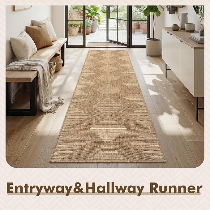 MontVoo-2x8 ft Indoor Outdoor Runner Rugs for Entryway Porch Hallway Kitchen Door Entrance Long, Textured Weave Polypropylene, Durable for High Traffic, Fade-Resistant, Boho Geometric Neutral Brown