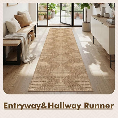 MontVoo-2x8 ft Indoor Outdoor Runner Rugs for Entryway Porch Hallway Kitchen Door Entrance Long, Textured Weave Polypropylene, Durable for High Traffic, Fade-Resistant, Boho Geometric Neutral Brown