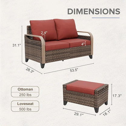 COOS BAY Modern Wicker Outdoor Furniture Set, Patio Conversation Set with 2 Seat Loveseat, and Ottomans, 3 Piece, Brown/Red