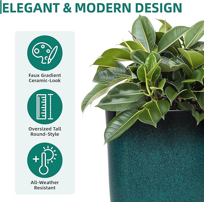 24" Tall Outdoor Planters Set of 2, Large Planters for Outdoor Plants, Art Faux Ceramic Plastic Flower Pots, Weather-Resistant for Porch, Garden, Patio or Indoor Decor, Ideal