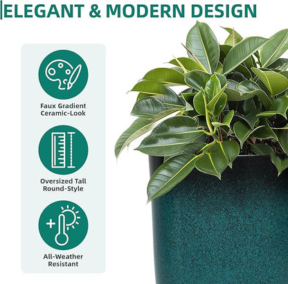 24" Tall Outdoor Planters Set of 2, Large Planters for Outdoor Plants, Art Faux Ceramic Plastic Flower Pots, Weather-Resistant for Porch, Garden, Patio or Indoor Decor, Ideal
