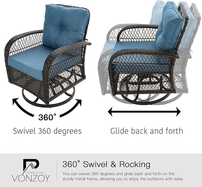 3 Pieces Patio Furniture Set, Outdoor Swivel Glider Rocker, Wicker Patio Bistro Set with Rocking Chair, Thickened Cushions and Table for Porch (Blue)