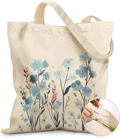 Miss Adola Canvas Tote Bag for Women – Aesthetic Canvas Bag with Zipper Cute Stylish Reusable Shoulder Totes for Shopping Work Daily Vacation, Blue Flowers