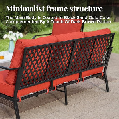 Patio Furniture Set with Firepit Table, Black Frame Outdoor Conversation Set with 2 x Fixed Chairs, 1 x 3-Seat Sofa for Lawn Garden Backyard, Red