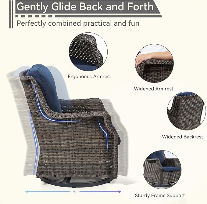 Outdoor Swivel Rocker Patio Chair with Matching Side Table - 360 Degree Patio Swivel Glider Chair with 3.5" Olefin Cushions(Mixed Grey/Blue)