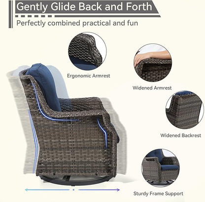Outdoor Swivel Rocker Patio Chair with Matching Side Table - 360 Degree Patio Swivel Glider Chair with 3.5" Olefin Cushions(Mixed Grey/Blue)