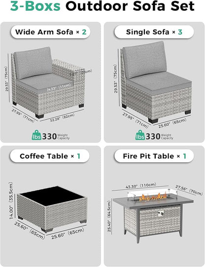 7 Piece Outdoor Wicker Rattan Sectional Sofa Set with Fire Pit Table, 5-Seats Conversation Set with 4" Thickened Cushions & Coffee Table, All-Weather PE Rattan for Garden, Backyard, Porch, Grey