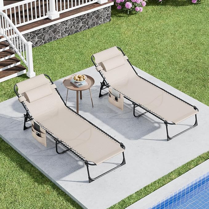 EBE Outdoor Lounge Chair Set of 2, Portable Patio Sun Tanning Chair with 4-Position Reclining Back, Pool Chaise Lounge Chair with Detachable Pillow and Side Pocket for Beach, Poolside, Beige