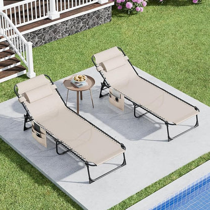 EBE Outdoor Lounge Chair Set of 2, Portable Patio Sun Tanning Chair with 4-Position Reclining Back, Pool Chaise Lounge Chair with Detachable Pillow and Side Pocket for Beach, Poolside, Beige
