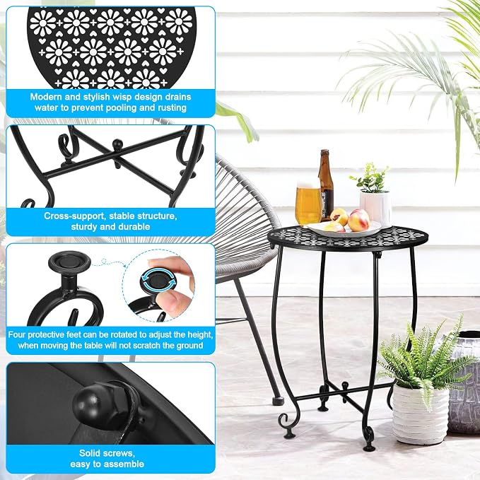 14 Inch Outdoor Metal Side Table, Patio Side Table Weather Resistant Metal Side Table, Small Round Outdoor End Table Plant Stands Table Outside for Patio Yard Balcony Garden Black(Color4-Flowers)