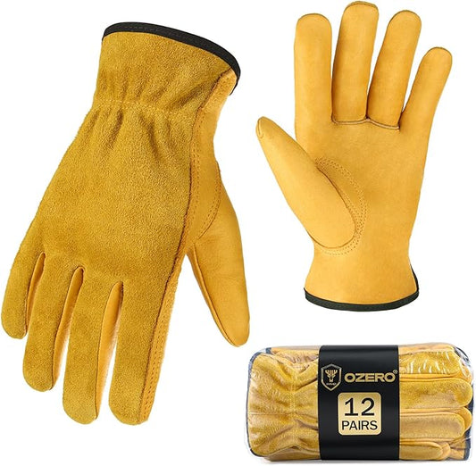 OZERO Leather Work Gloves for Men & Women, 3 Pairs Genuine Cowhide Garden Gloves, Lab Tested EN388 2143X, Flexible Grip, Breathable Unlined Comfort, Elastic Wrist (Gold, Medium)