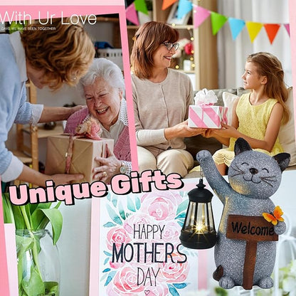 Juegoal Garden Statue Solar Cat Figurine with Lantern, 10" Resin Kitten Outdoor Lawn Porch Yard Art, Lighted Christmas Birthday Gifts for Mom Grandma