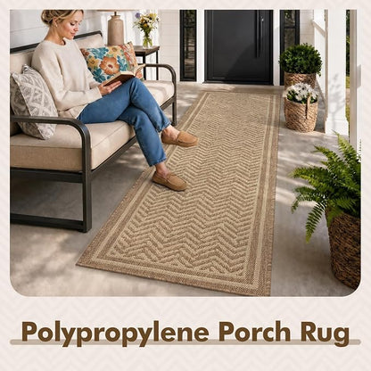 MontVoo-2x6 ft Indoor Outdoor Runner Rugs for Entryway Porch Hallway Kitchen Door Entrance Long, Textured Weave Polypropylene, Durable for High Traffic, Fade-Resistant, Boho Geometric Neutral Brown