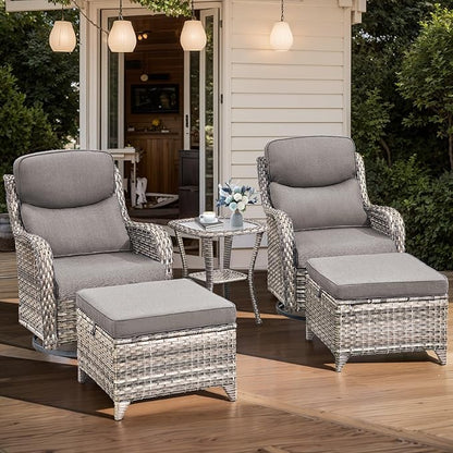 HUMMUH 6-Piece Outdoor Wicker Patio Furniture Set with Swivel Glider Chairs, 3-Seat Sofa & Ottomans 5” Olefin Cushions Ergonomic Neck-Lumbar Backrest All-Weather Rattan for Garden, Deck, Porch