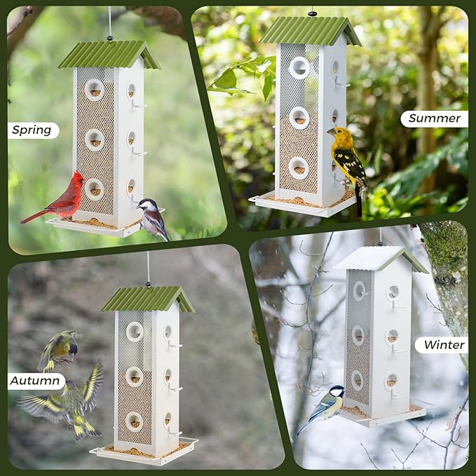 Squirrel-Proof Bird Feeder for Outdoors Hanging | 14-Port Multi-Bird Viewing | All Metal, Waterproof & Easy-Clean | Attracts Cardinals, Finches, Chickadees & More (Crisp White & Green)