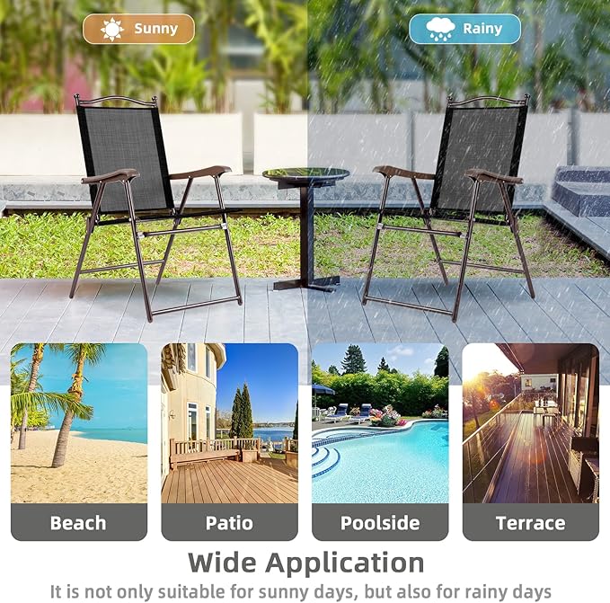 Tangkula Set of 2 Patio Folding Dining Chairs, Outdoor Sling Lawn Chairs with Armrests, Steel Frame, Portable Camping Lounge Chairs for Backyard, Deck, Poolside and Garden, No Assembly (1, Black)