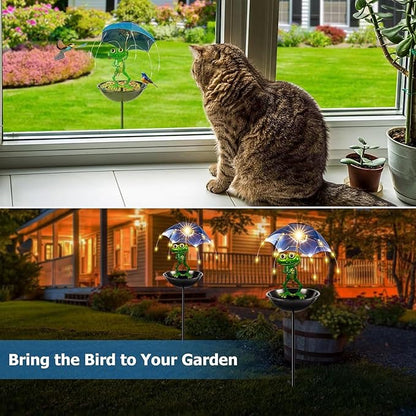 Solar Bird Feeder Frog Garden Decor, Outdoor Solar Lights with Umbrella, Hummingbird Feeder Decorative Path Lights Yard Art Ornament Bird Feeder (Frog)