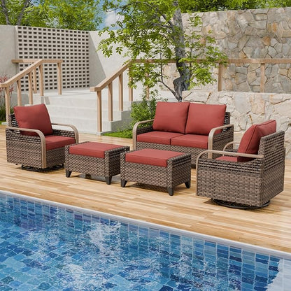 Modern Wicker Patio Furniture Set, Rattan Outdoor Conversation Set with Comfortable Cushions, 2 Swivel Rocking Chairs, 2 Seat Loveseat and 2 Ottomans, 5 Pieces, Brown/Red