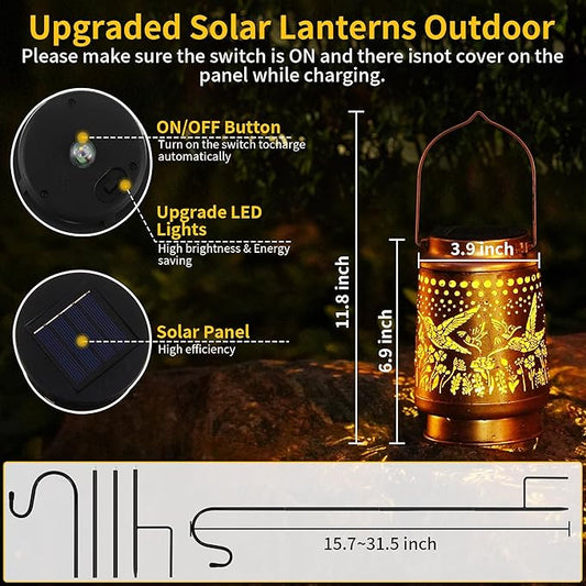 2 Pack Solar Lanterns Outdoor Waterproof, Hanging Metal Hummingbird Decorative Lights for Garden Patio Yard Porch Pathway, Solar Powered Outdoor Lantern Gifts for Women Mom Grandma