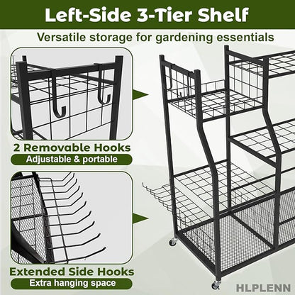 Large Garden Tool Organizer with Wheels, Yard Tool Organizer Stand for Long Handled Tools, Indoor/Outdoor Metal Yard Tool Storage Rack Cart for Garage, Shed, Garden